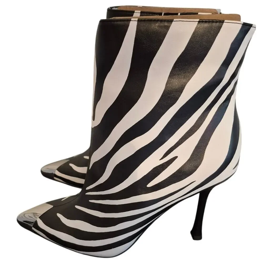 INC Womens Zebra Black Booties US 6.5 Rohese Pointed Toe Flare Zip-Up Boots